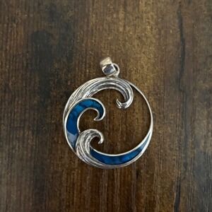 .925 Sterling Silver Wave‎ Pendant Blue Inlay Ocean Wave Nautical